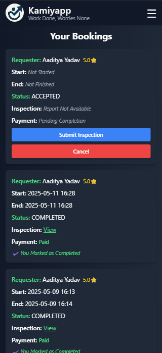 Bookings screen listing booking status, inspection, and payment details