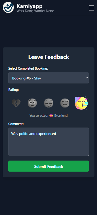 Feedback form with completed booking selector, rating, and comment