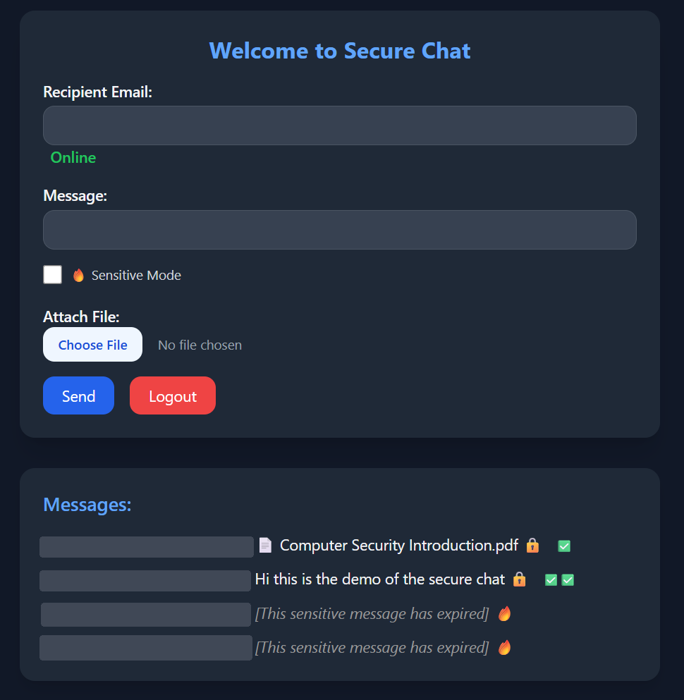 Secure chat screen with recipient, message, sensitive mode, and file attachment fields, above a list of encrypted and expired messages
